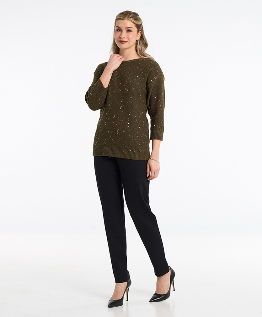 Collection de vêtements pour femme Goa par Moffi International. Pull vert kaki avec brillants.