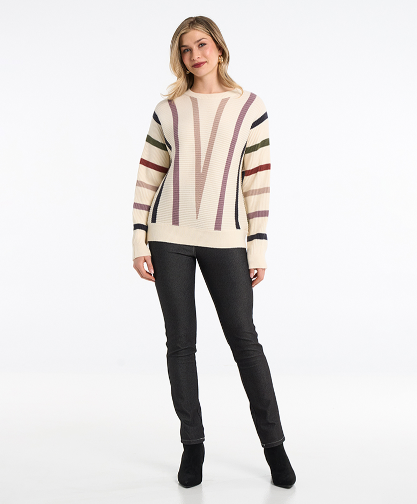 Collection de vêtements pour femme Goa par Moffi International. Pull crème ligné.
