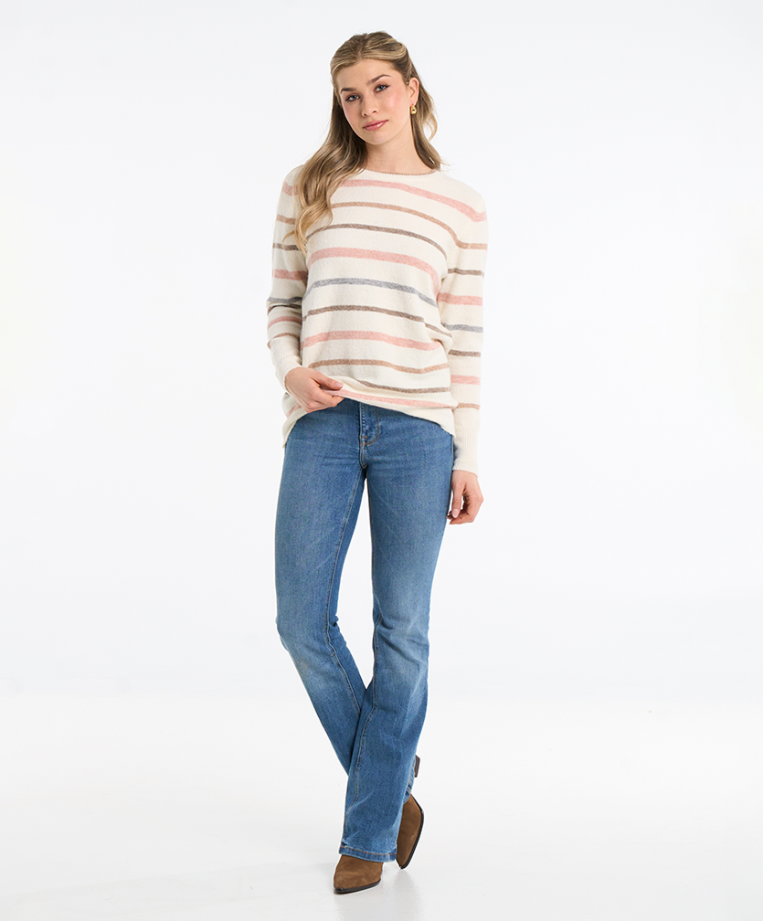Collection de vêtements pour femme Moffi par Moffi International. Pull ligné crème et rose.